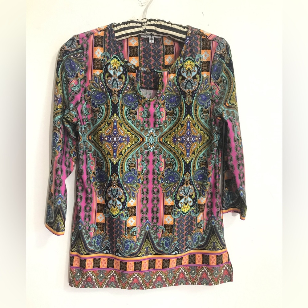Cindy Oh Tunic Top Women's Size M Vibrant Multicolored Stretchy Abstract Print